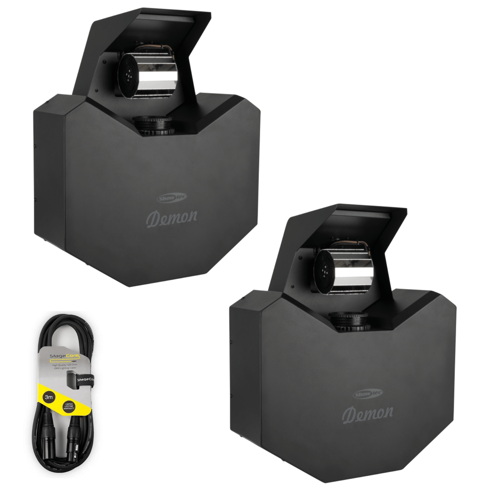 Two Showtec Demon 140W LED barrel scan effect lights with DMX cable