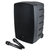 QTX Performer 12 Portable PA Speaker with 12-inch woofer, built-in LED party lights, Bluetooth connectivity, rechargeable battery, and wireless microphone for events and karaoke.
