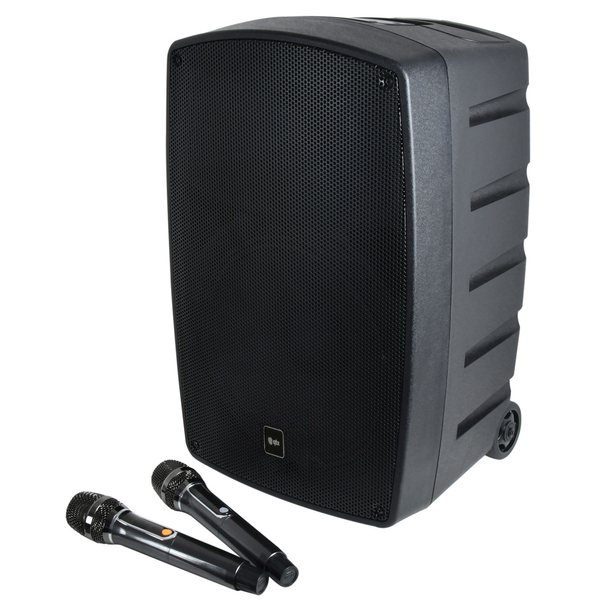 QTX Performer 12 Portable PA Speaker with 12-inch woofer, built-in LED party lights, Bluetooth connectivity, rechargeable battery, and wireless microphone for events and karaoke.