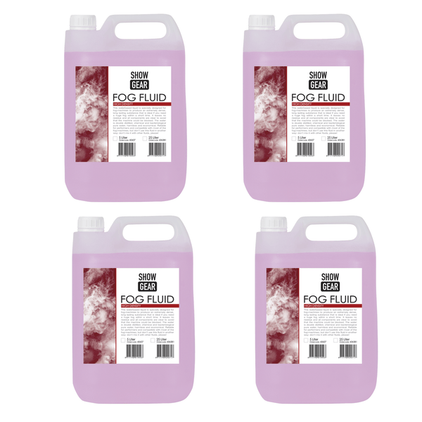 4 x Showgear 5L High Density Fog Smoke Fluid - waterbased liquid for fog machines, double distilled and chemical-free.