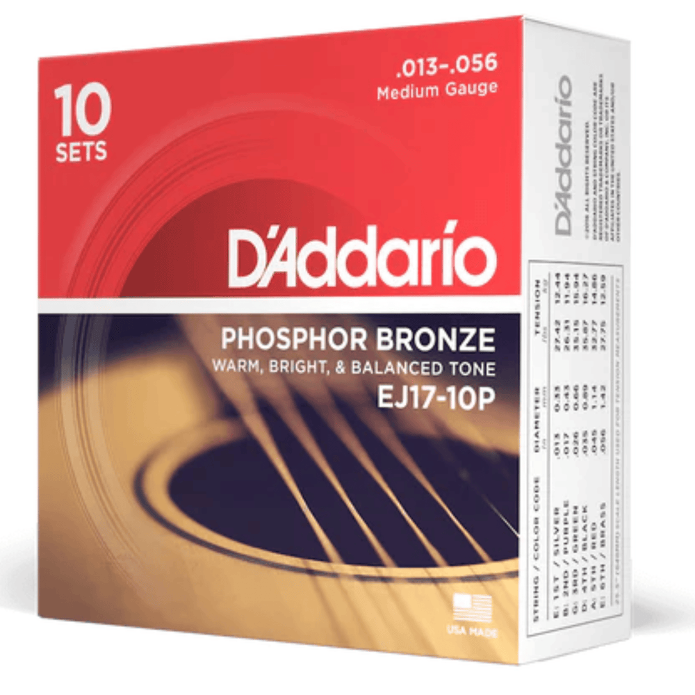 D'Addario 13-56 Medium Phosphor Bronze Acoustic Guitar Strings 10-Pack