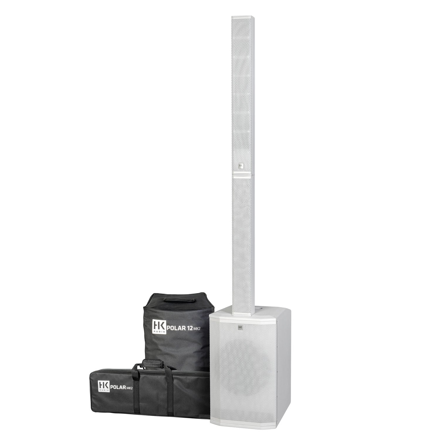 2 x HK Audio POLAR 12 MK2 professional white column speakers, ideal for live sound, DJs, and event audio setups