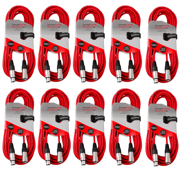 10 x Stagecore 10m Red XLR Microphone Cable