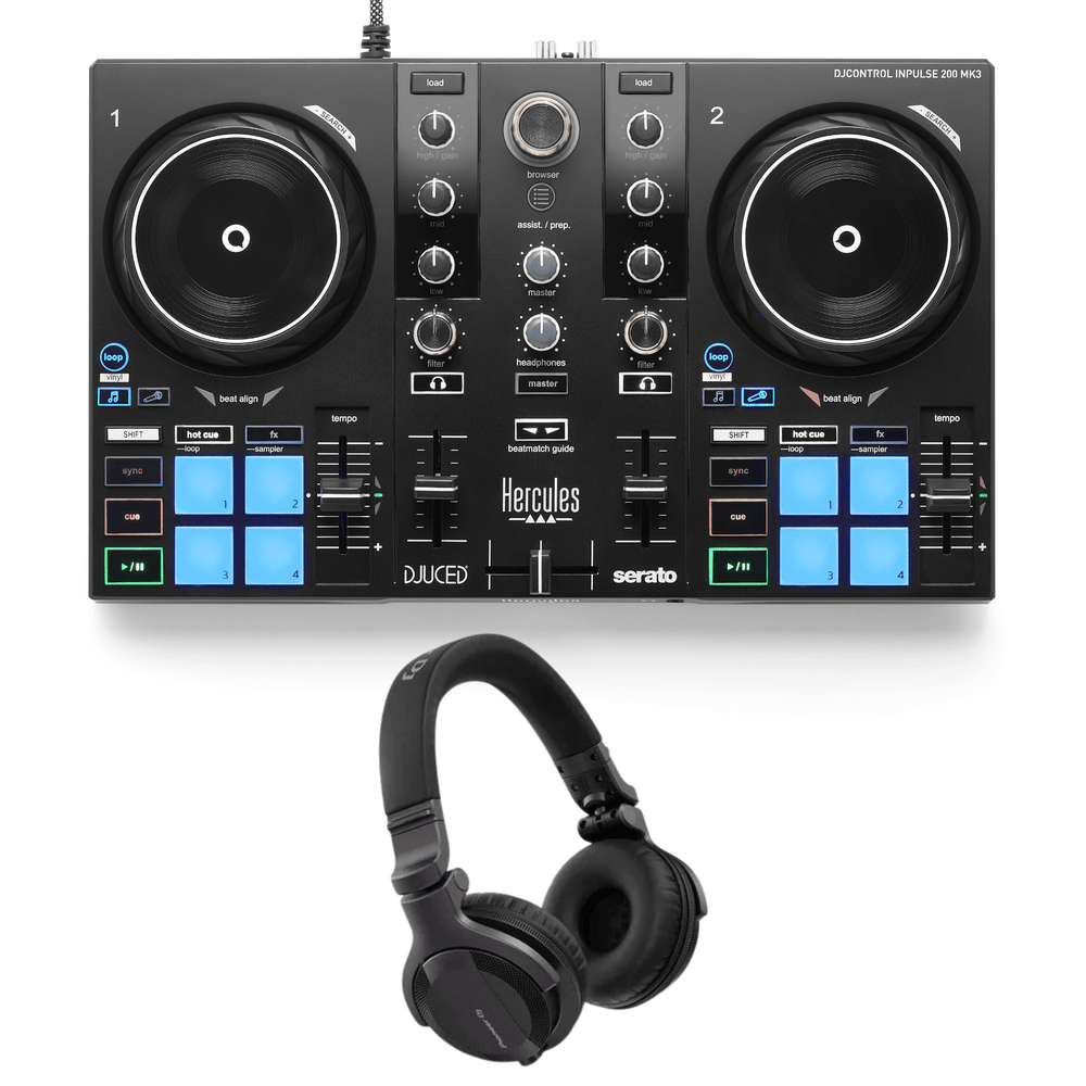 Hercules DJControl Inpulse 200 MkIII DJ controller with Pioneer DJ HDJ-CUE1 headphones
