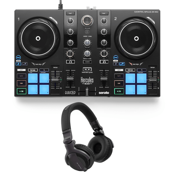Hercules DJControl Inpulse 200 MkIII DJ controller with Pioneer DJ HDJ-CUE1 headphones