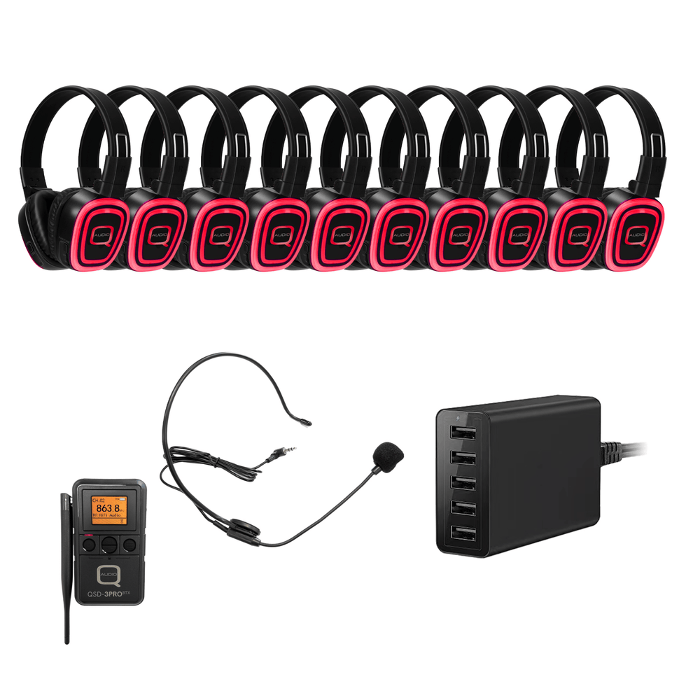 Q-Audio 10 Way Silent Disco Bundle With Portable Bluetooth Transmitter & Charger