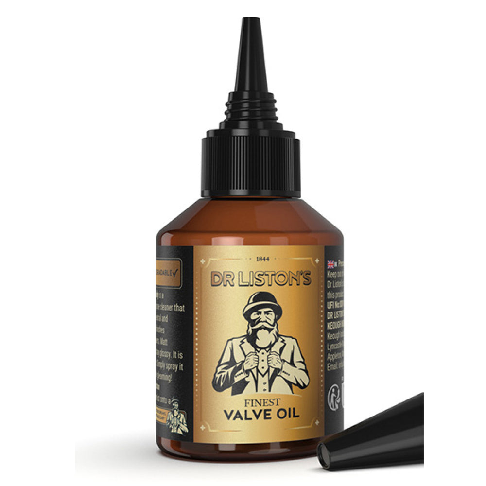 Dr Liston’s Finest Valve Oil bottle for lubricating and maintaining brass instruments.