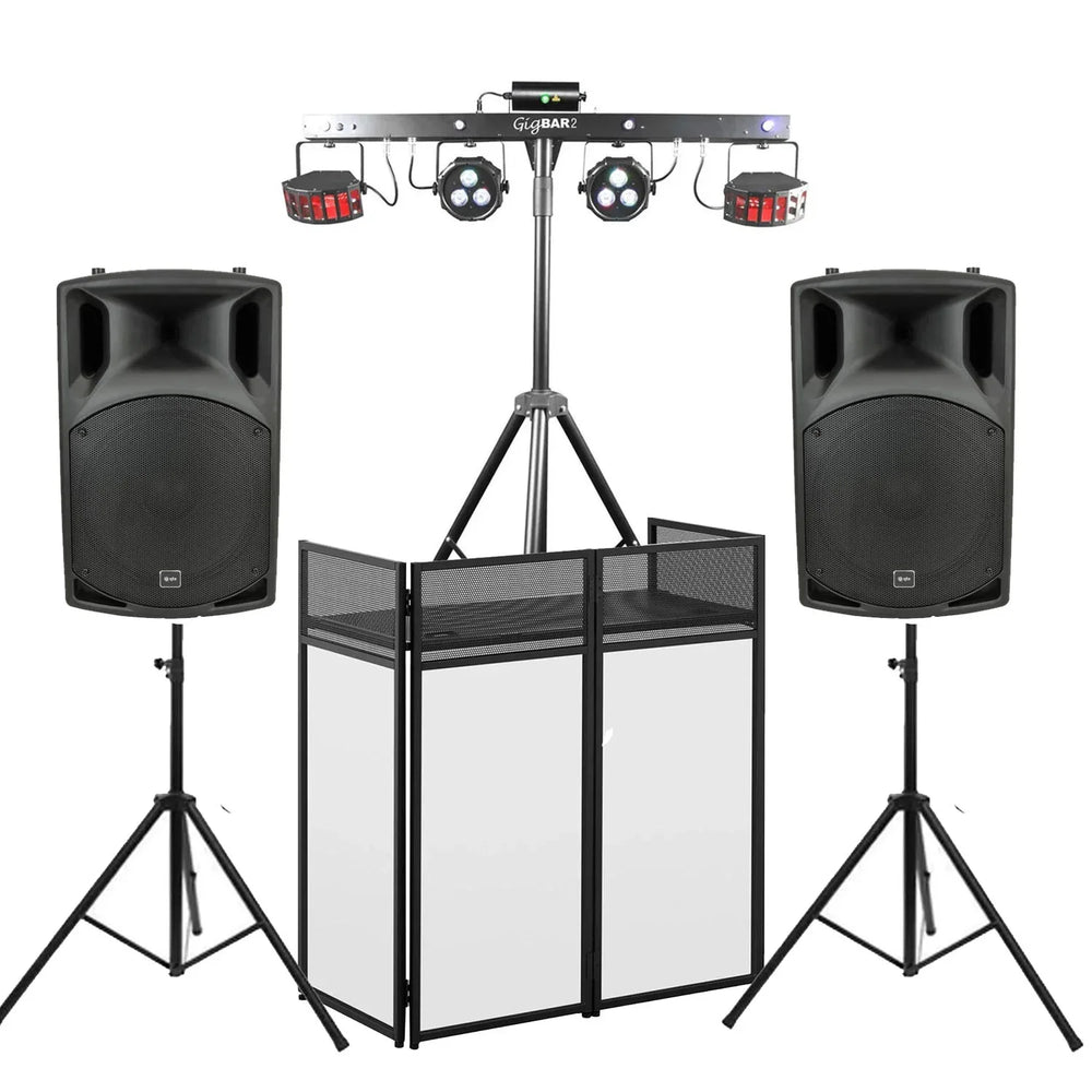 Ultimax DJ Combi Booth and Chauvet DJ Gig Bar 2.0 With QTX QX12A Active Speakers