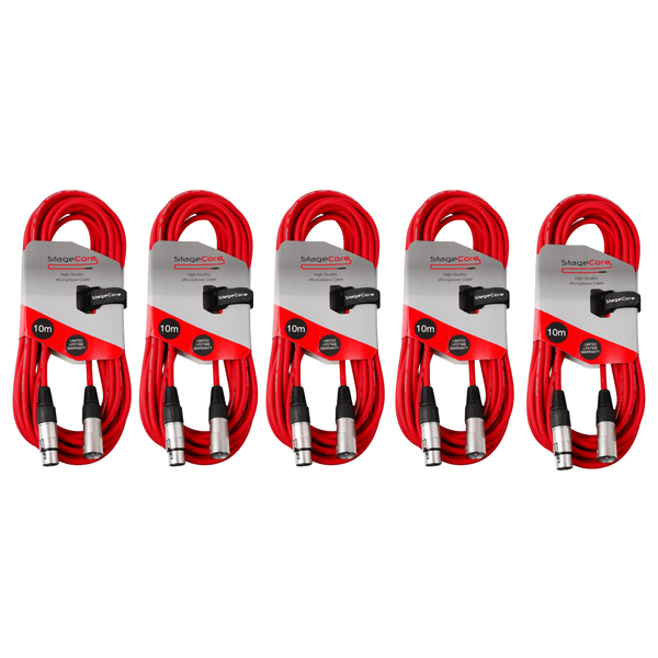 5 x Stagecore 10m Red XLR Microphone Cable