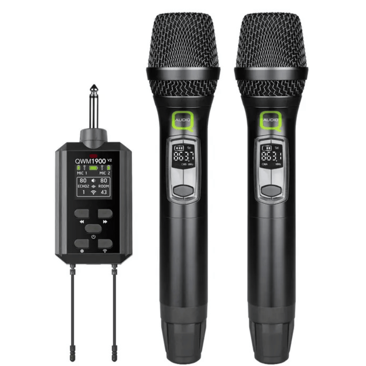 Q-Audio QWM 1900 V2 HH Dual Wireless Handheld System - Dual UHF wireless system with 2 handheld transmitters and plug-in receiver. Perfect for professional audio and DJ equipment.