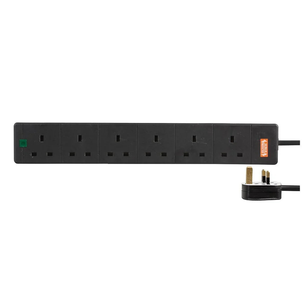 Pro Elec 6 Gang 1m Surge Protected Extension Lead Black