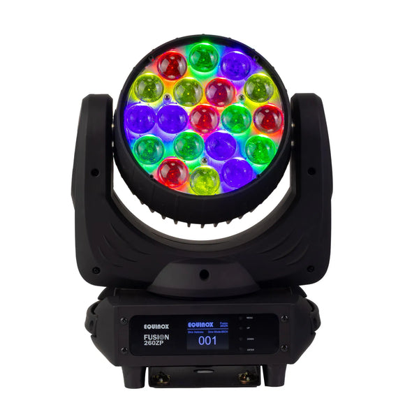 Equinox Fusion 260ZP LED moving head light with 12 × 12W RGBL LEDs, motorized zoom and pan/tilt, designed for stage, DJ, and event lighting setups.
