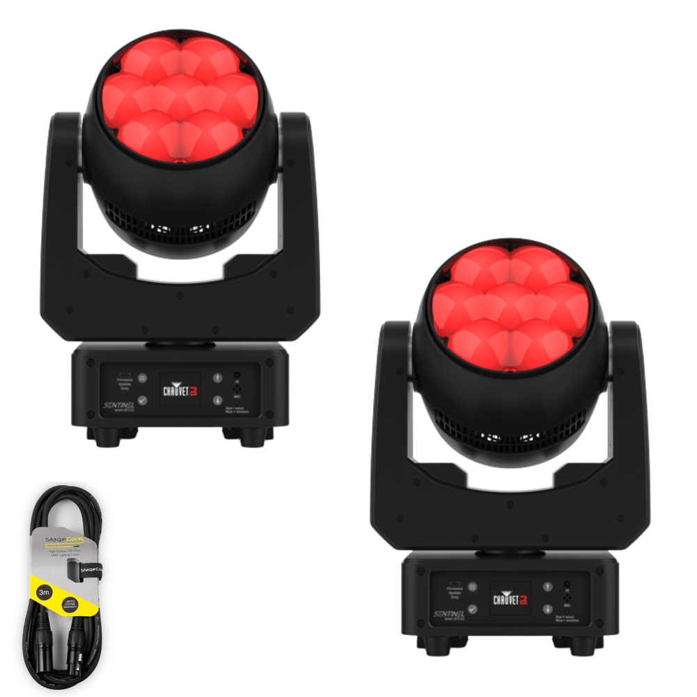 Two Chauvet DJ Sentinel Wash Q7Z ILS 140W LED moving heads with DMX cable