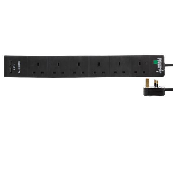 Pro Elec 6 Gang 5m Black Surge Extension Lead with USB Ports