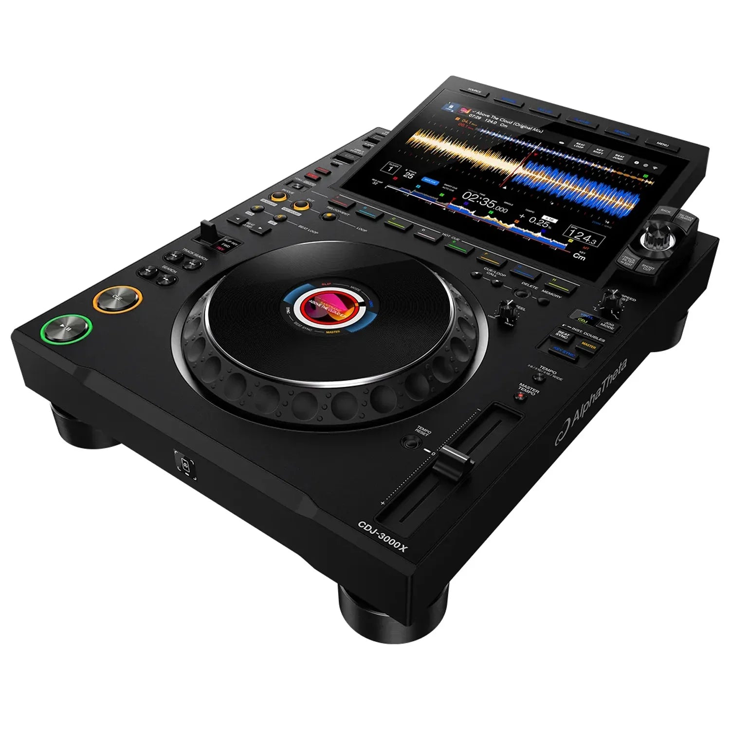 Alphatheta CDJ-3000X digital DJ player featuring customizable performance pads, jog wheel, and high-resolution touchscreen for professional DJ setups
