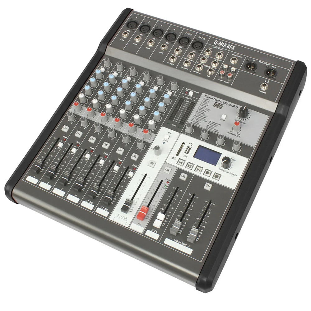 Q-Audio Q-MIX 8FX 8 Channel Mixer with FX, USB, Bluetooth