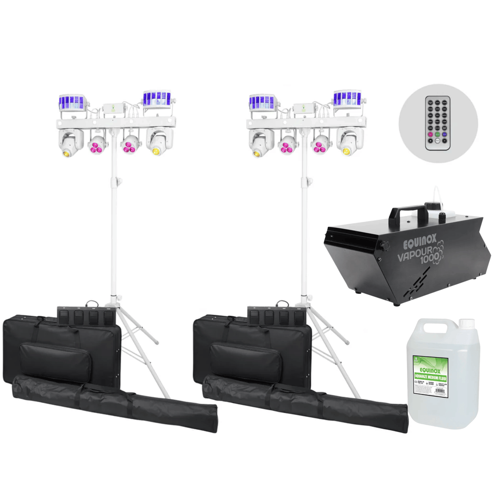 2 x Equinox White Gigabar FX1 5-in-1 LED Light Bar System with Bags and Haze Machine