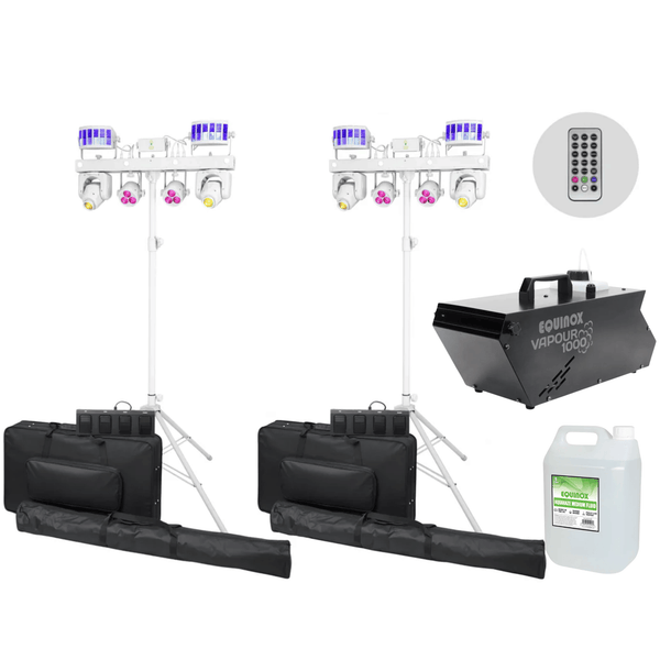 2 x Equinox White Gigabar FX1 5-in-1 LED Light Bar System with Bags and Haze Machine