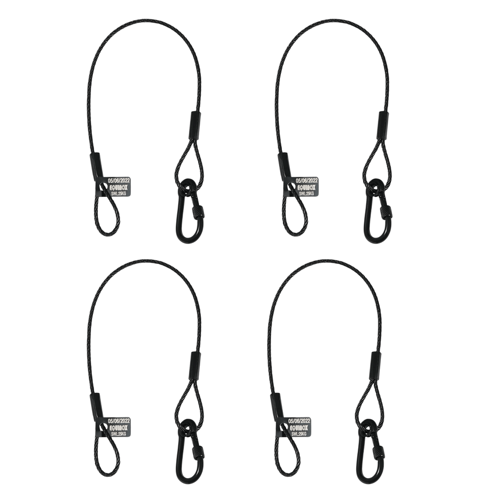 Pack of 4 Equinox 35cm black stainless steel safety wires with screw-lock carabiner hooks