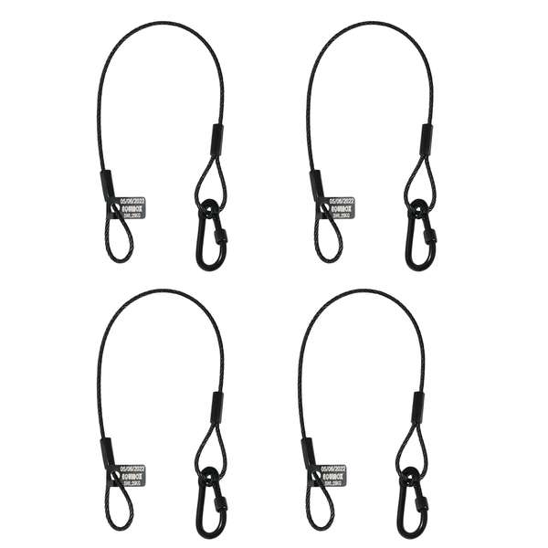 Pack of 4 Equinox 35cm black stainless steel safety wires with screw-lock carabiner hooks