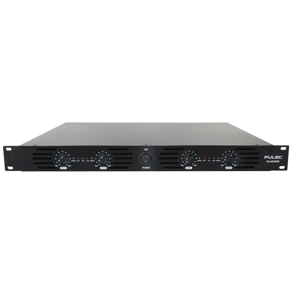 "Pulse 1U 4x350W RMS 4-channel power amplifier front view"