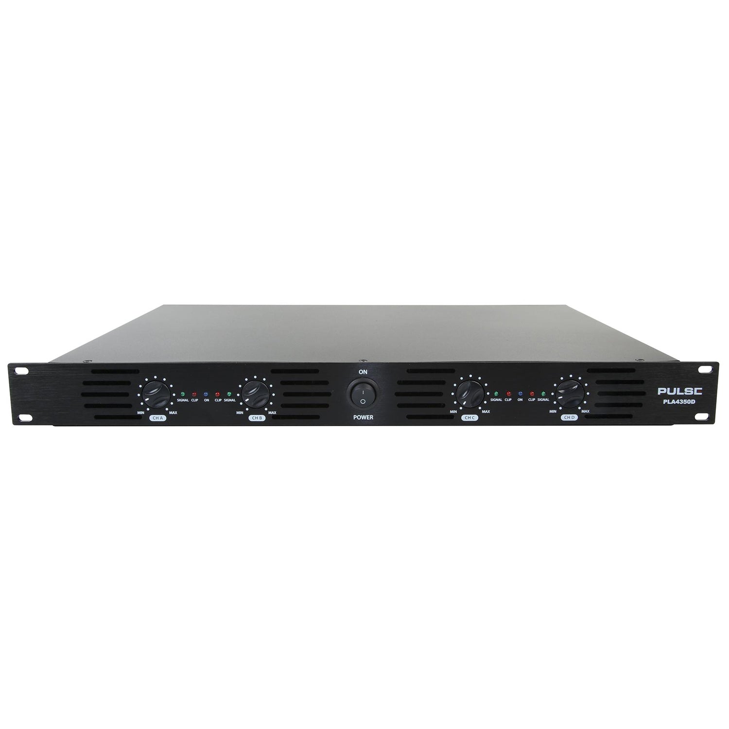 "Pulse 1U 4x350W RMS 4-channel power amplifier front view"