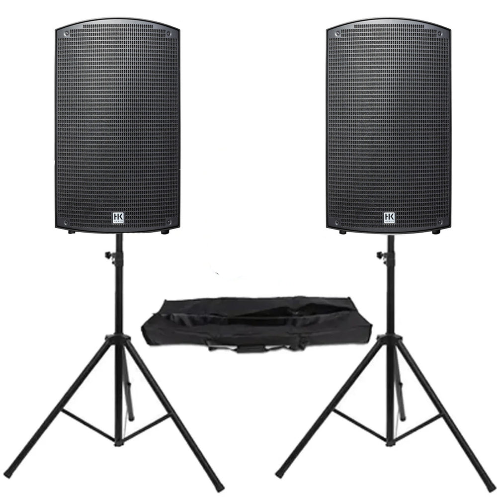 Pair of HK Audio Sonar 112 Xi 1200W 12-inch active speakers with speaker stands for professional live sound and DJ setups.