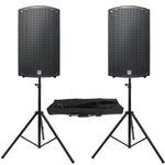 Pair of HK Audio Sonar 112 Xi 1200W 12-inch active speakers with speaker stands for professional live sound and DJ setups.