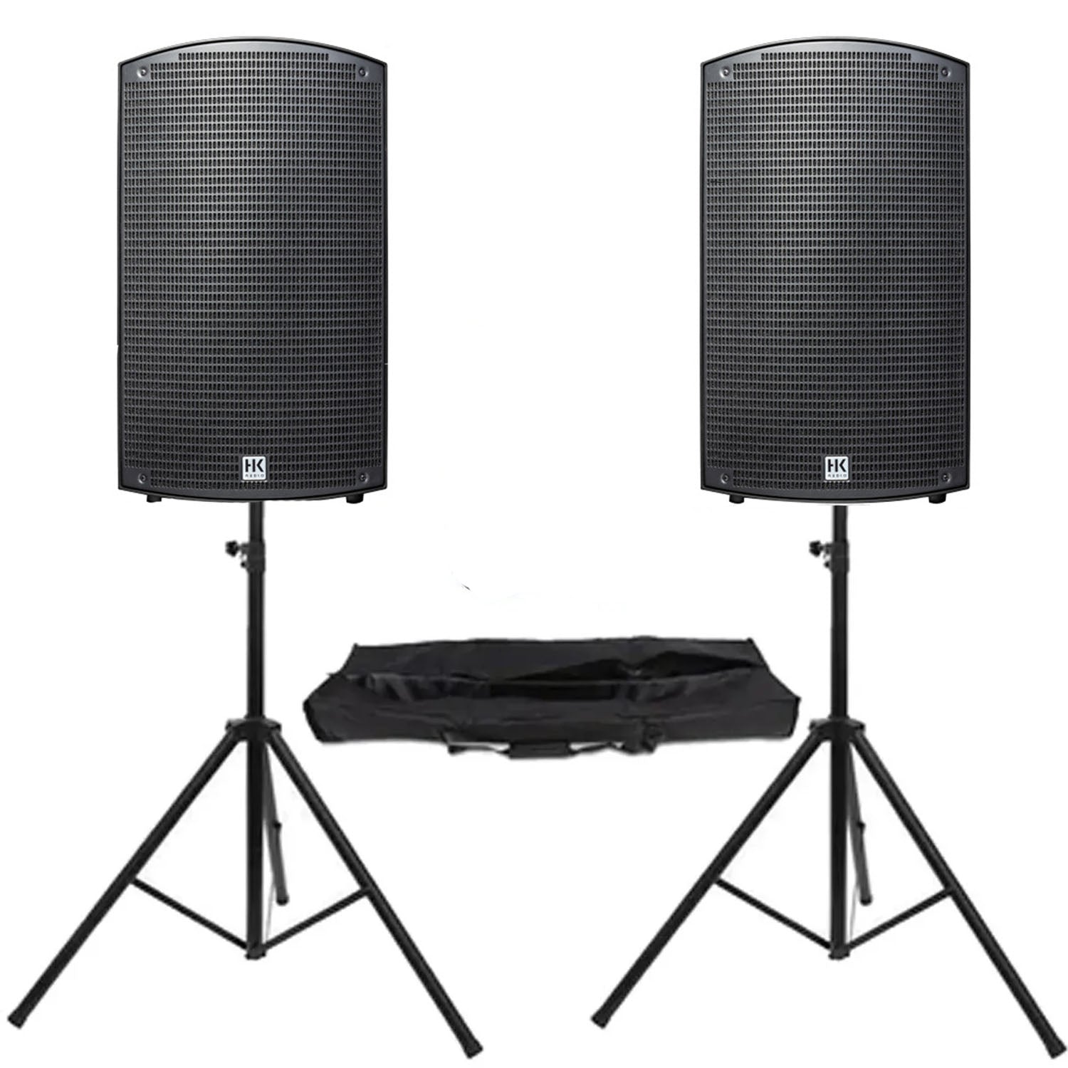 Pair of HK Audio Sonar 112 Xi 1200W 12-inch active speakers with speaker stands for professional live sound and DJ setups.