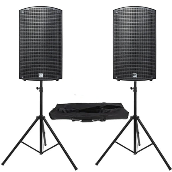 Two HK Audio SONAR 115 Xi 1200W 15 inch active speakers with stands