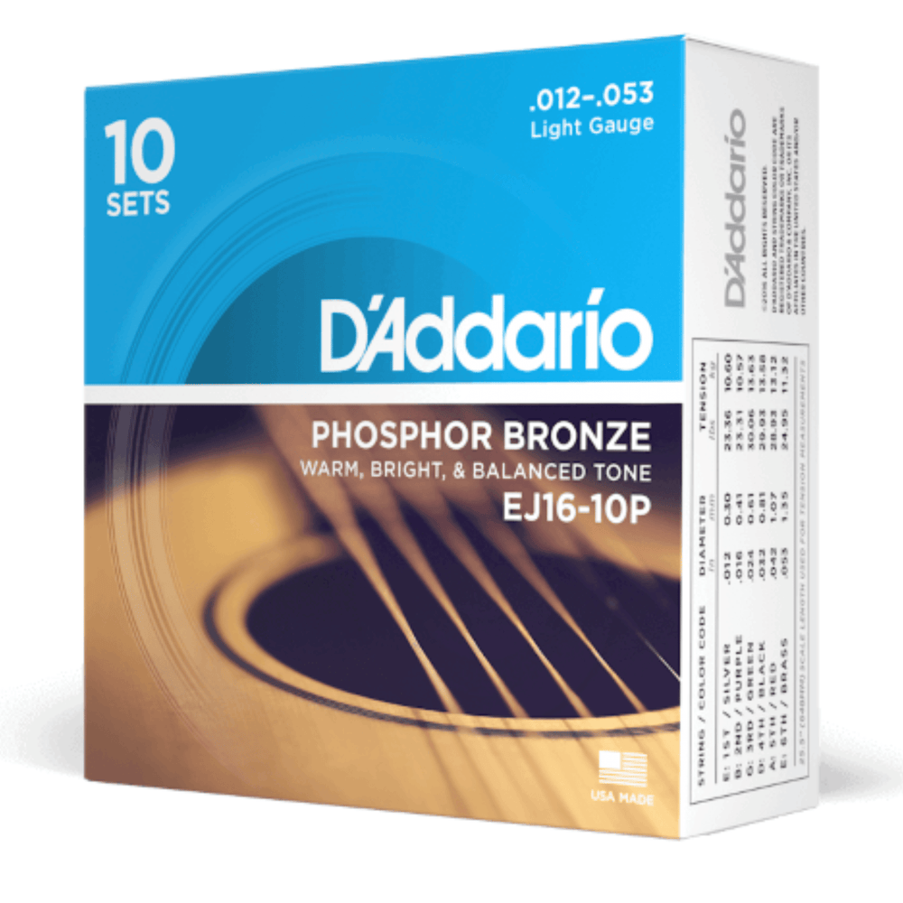 D'Addario 12-53 Light Phosphor Bronze Acoustic Guitar Strings 10-Pack