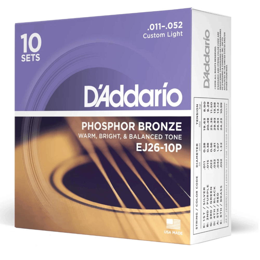 D'Addario 11-52 Custom Light Phosphor Bronze Acoustic Guitar Strings 10-Pack