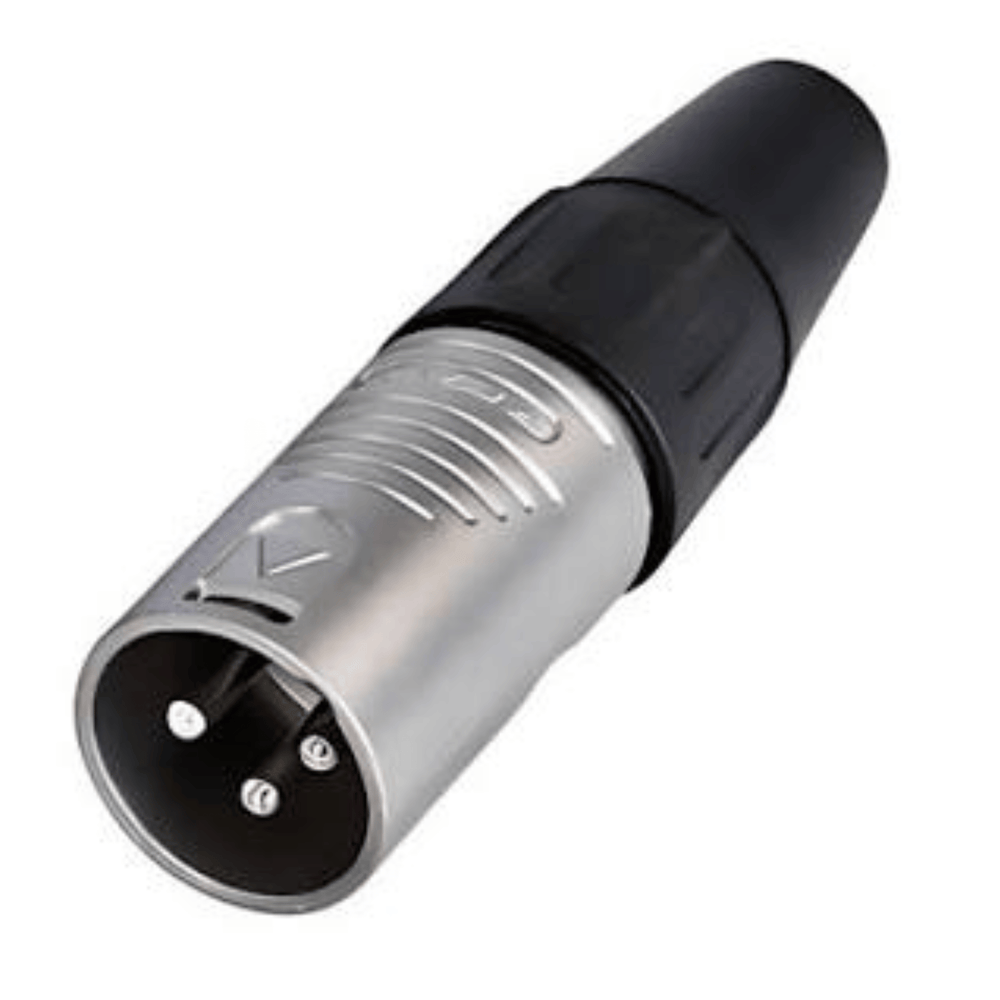 Pack of 4 Rean RC3M male XLR silver connectors for professional audio equipment.