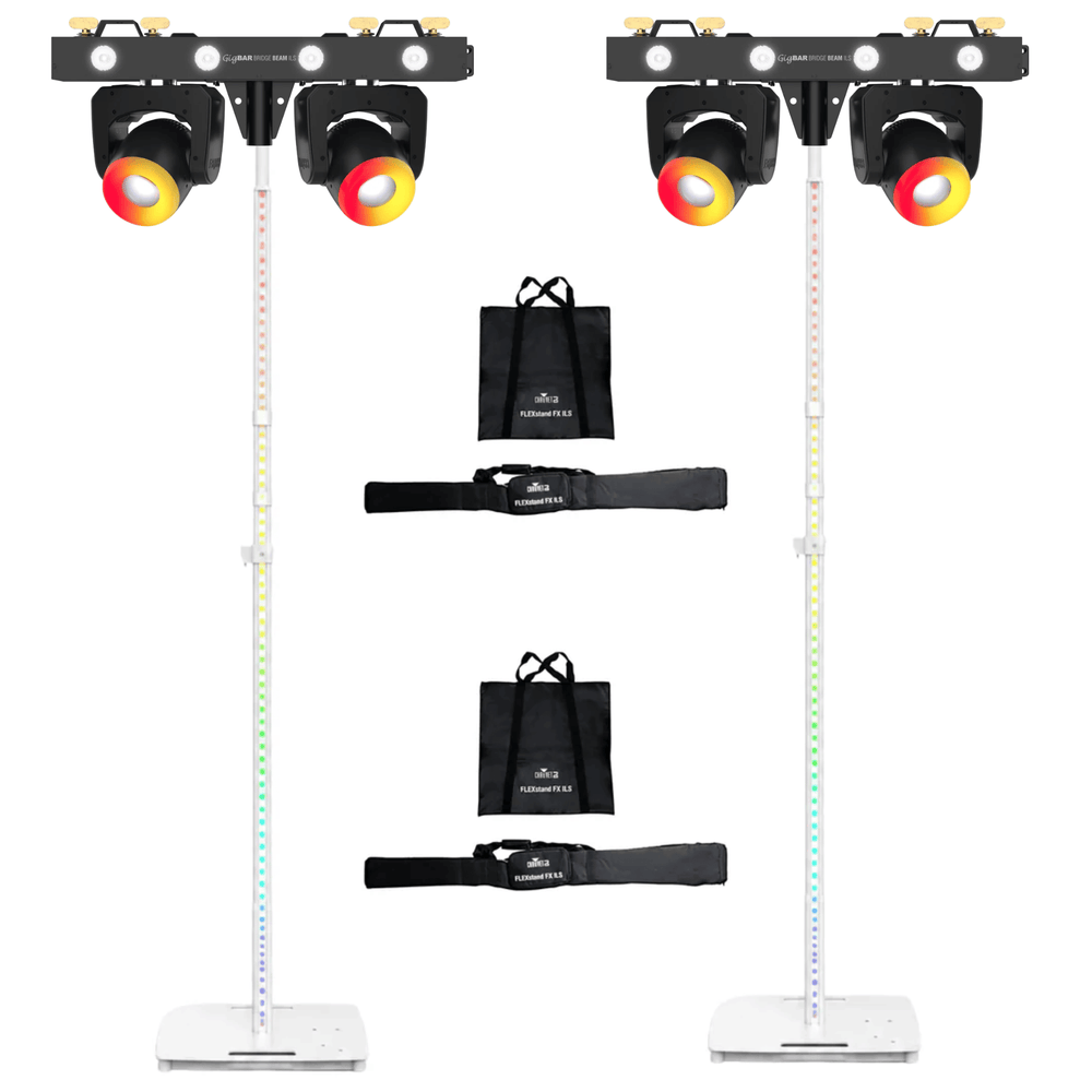 2 x Chauvet DJ FLEXstand FX ILS White LED Square Base Stand with Chauvet GigBar Bridge Beam ILS