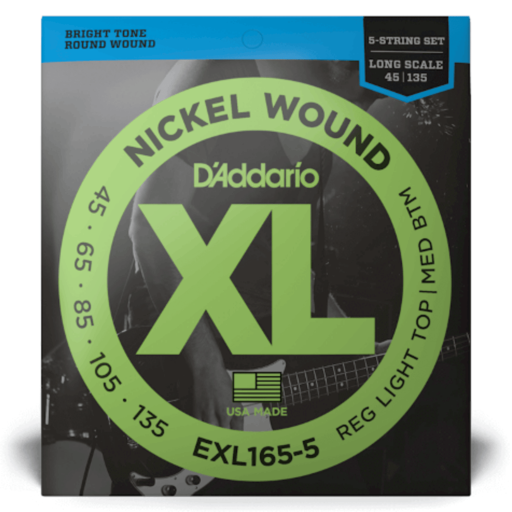 D'Addario EXL165-5 long-scale 5-string bass guitar strings, 45-135 gauge