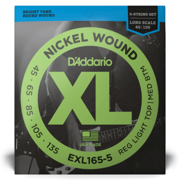 D'Addario EXL165-5 long-scale 5-string bass guitar strings, 45-135 gauge