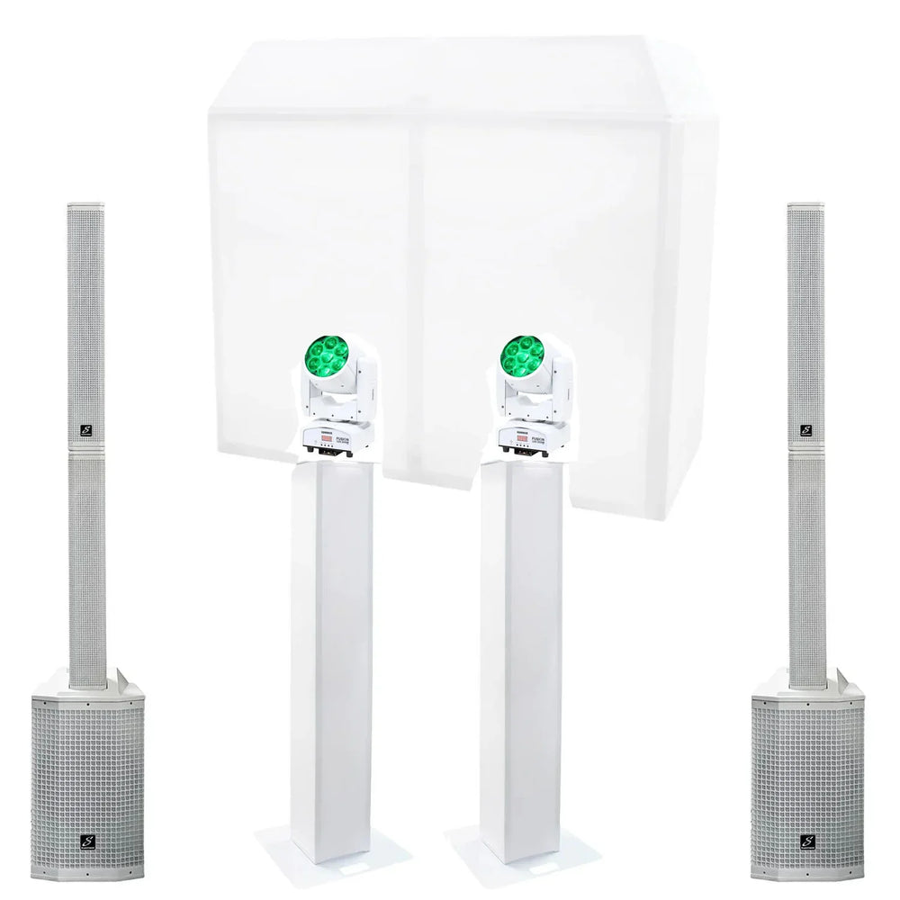 Mobile Wedding DJ Setup White DJ Booth Pro, Direct 121MX, 1.5M Plinths, Fusion 120 Zoom Moving Heads