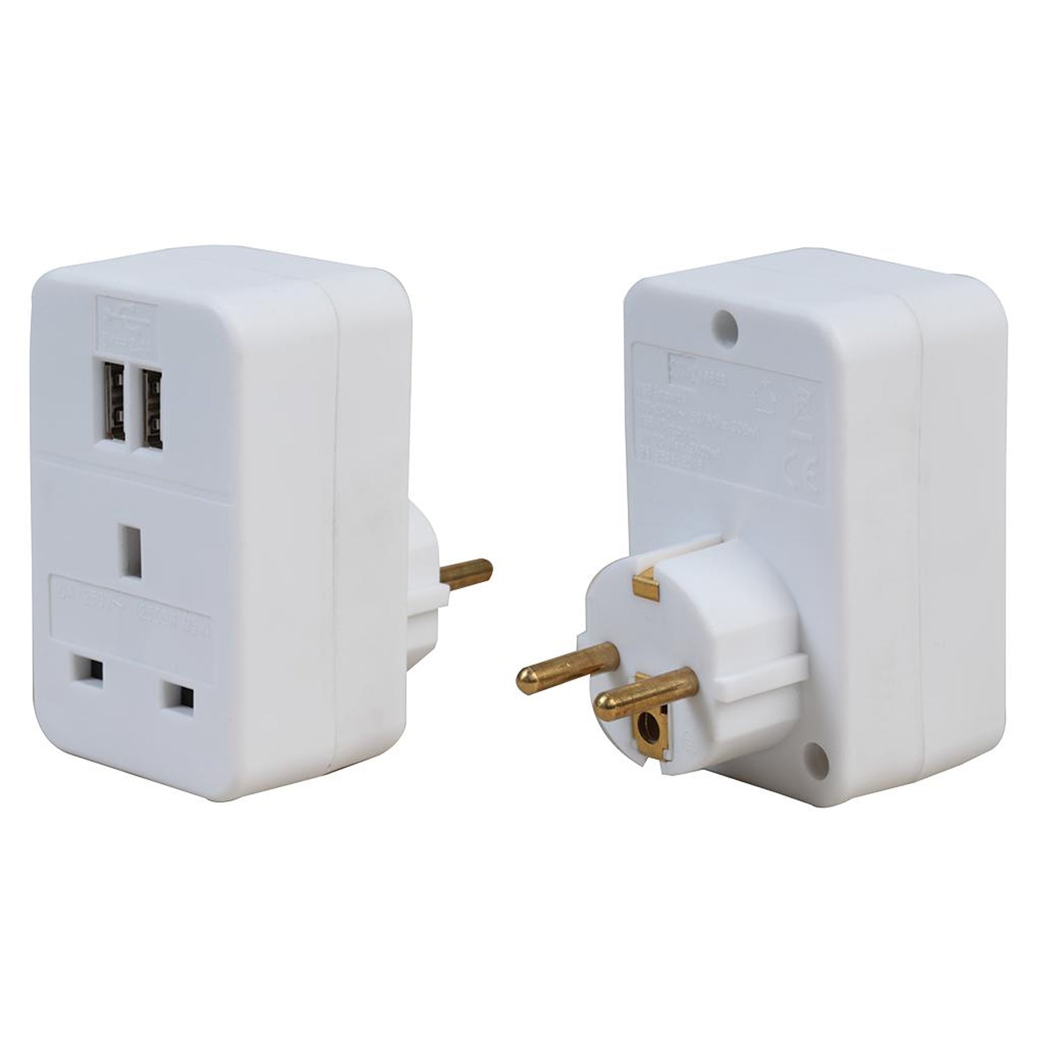 Pro Elec UK to Euro Travel Adaptor with 2x USB, 250V, 10A