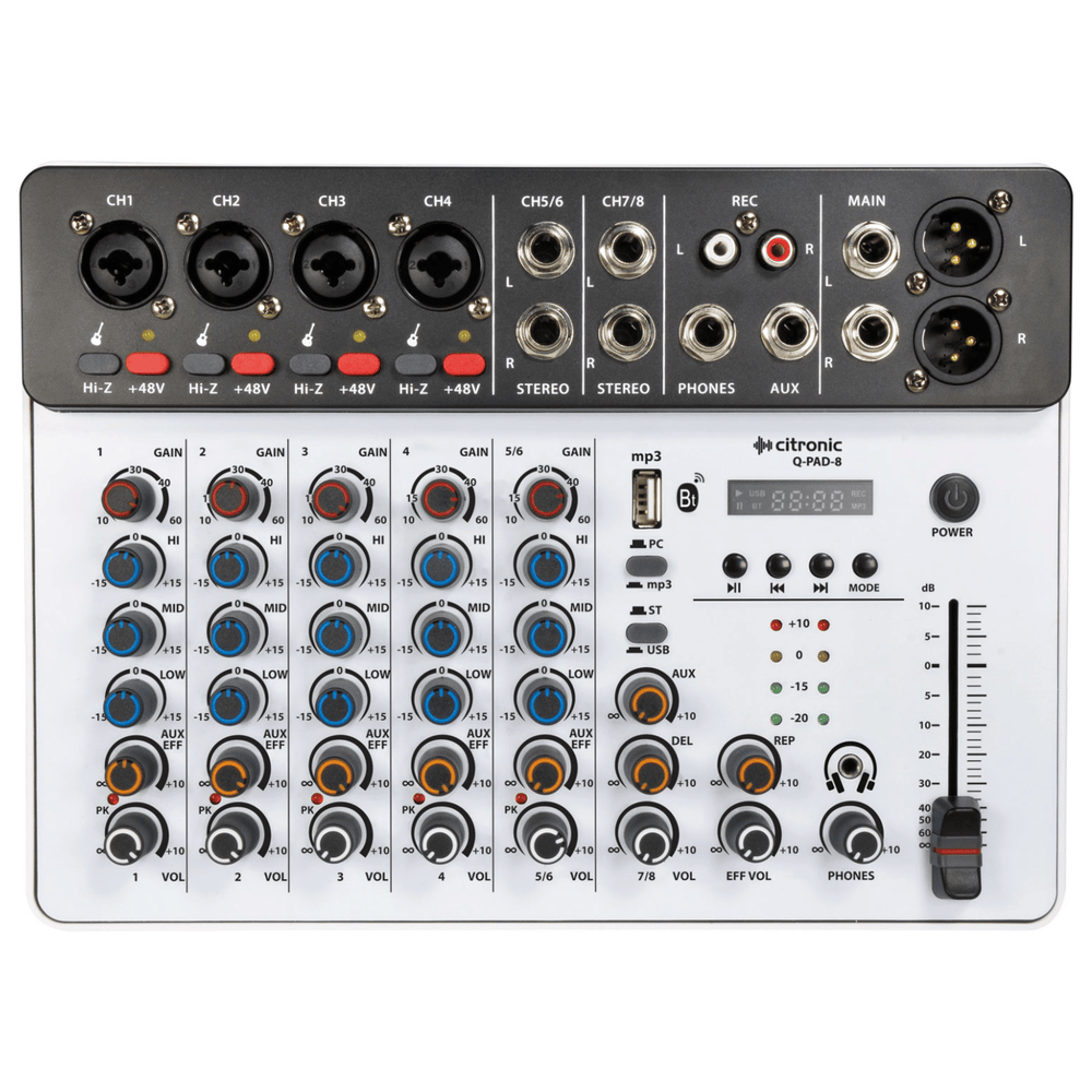 Citronic Q-Pad 8 compact audio mixer with USB connectivity and multi-channel controls
