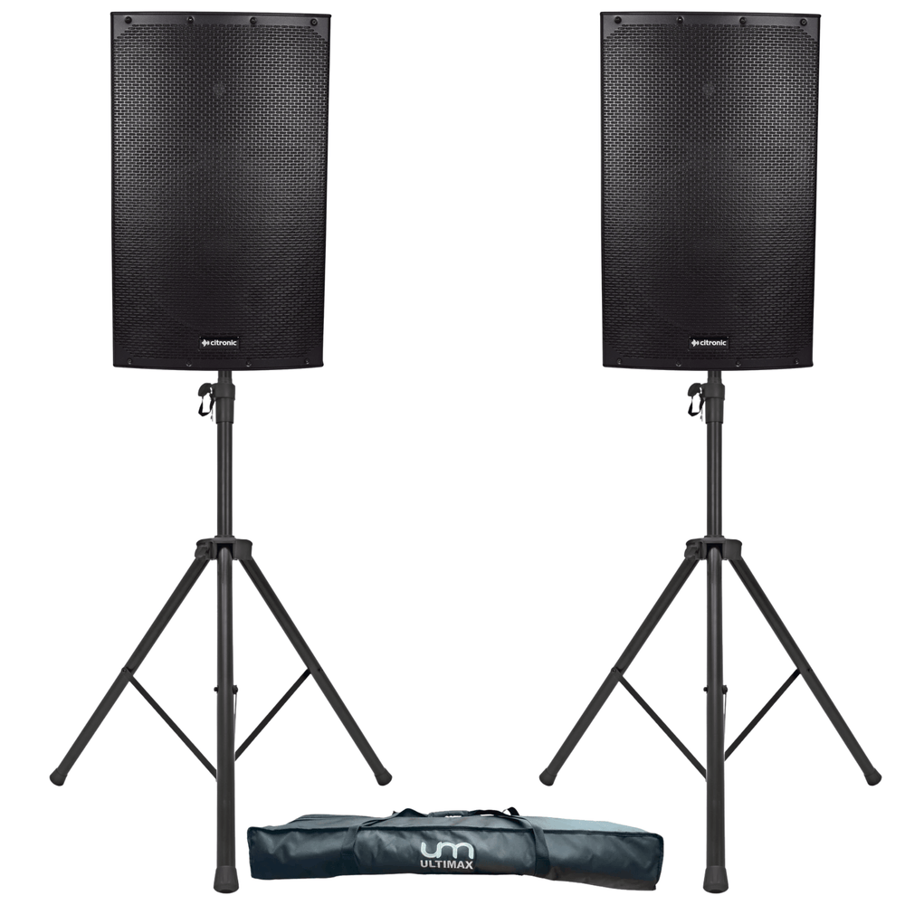 2 x Citronic CAB-15L 15" 1400w Active Speaker with Bluetooth with Stands