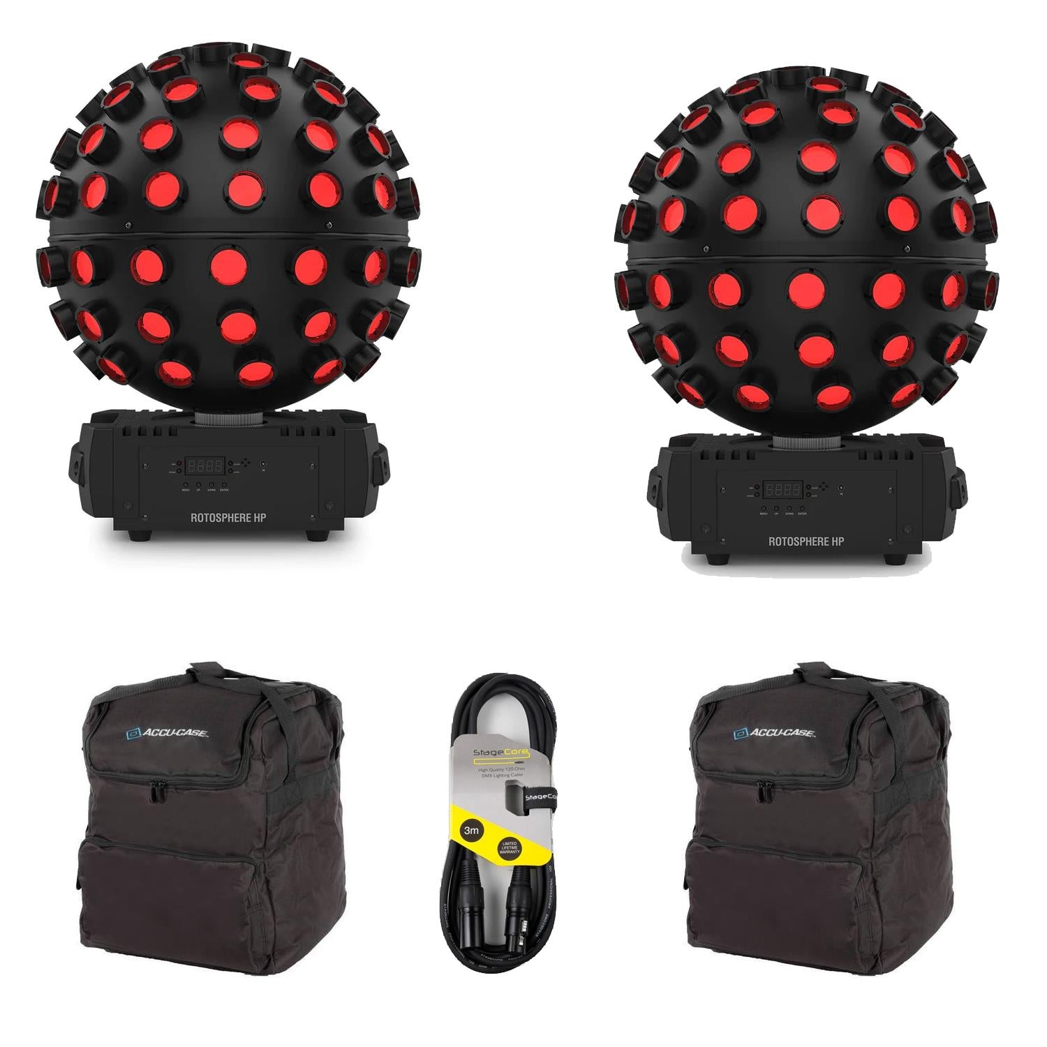 2 x Chauvet DJ Rotosphere HP Quad Colour Sphere Mirror Ball with DMX Cable and Carry Bags