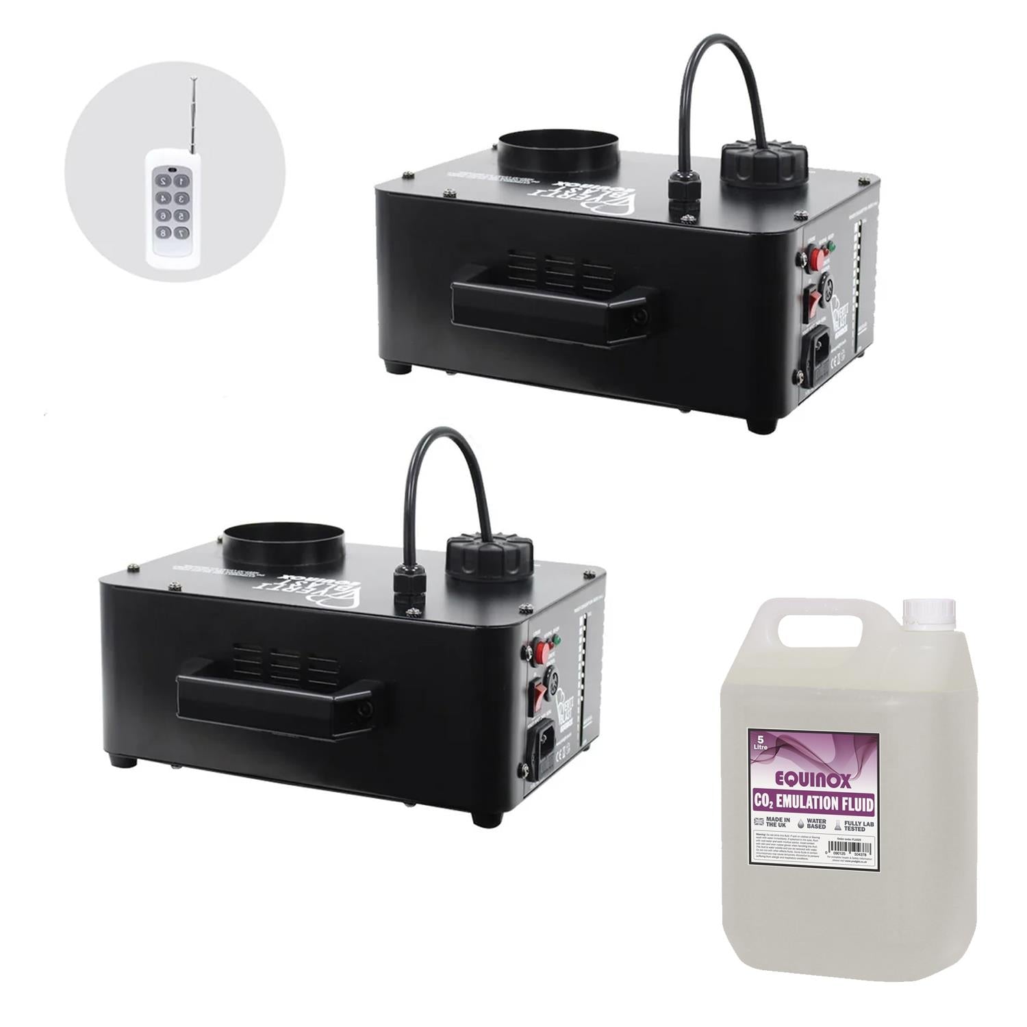 2 x Equinox Verti Blast Verticle LED Fog Machines with 5L C02 Fluid