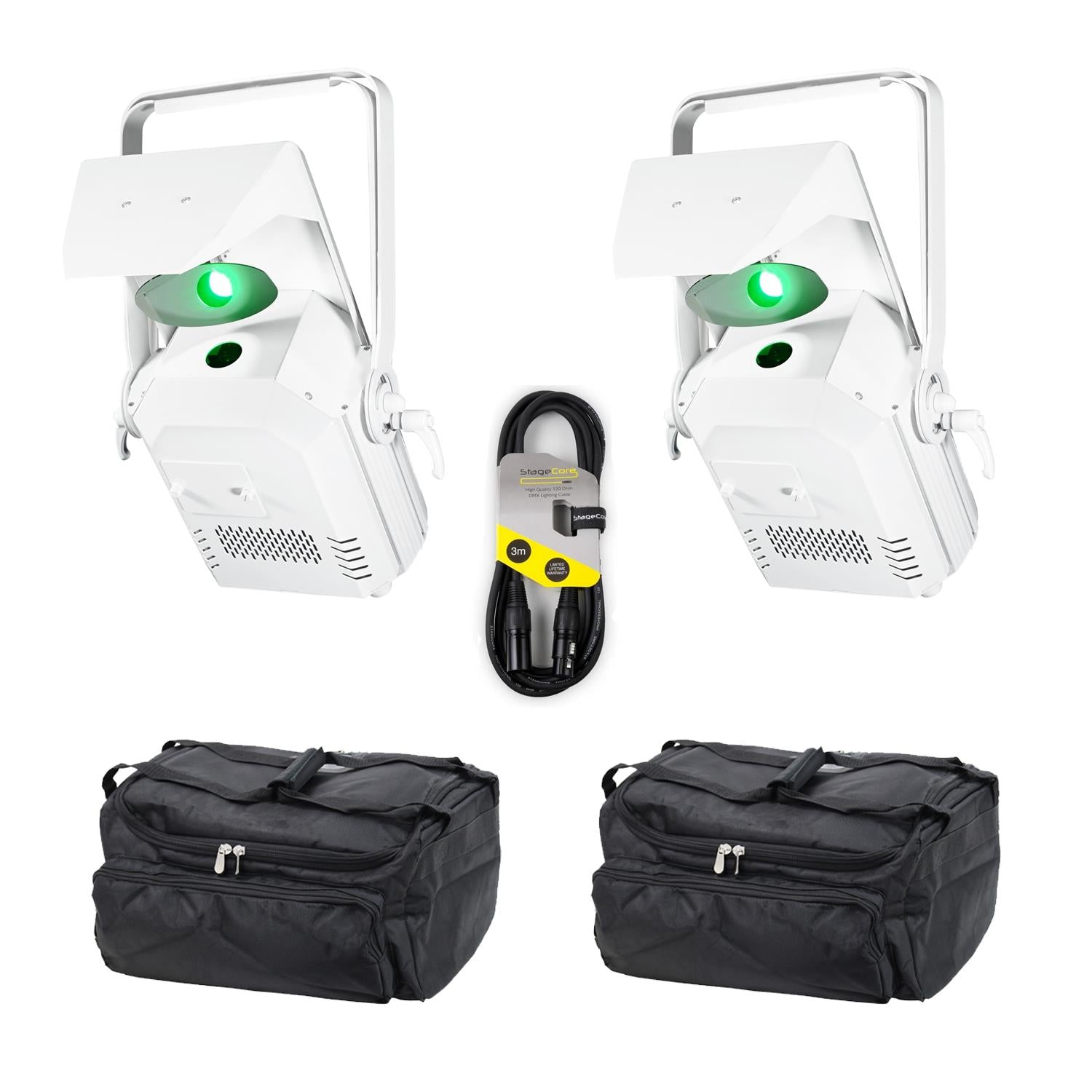 2 x Equinox Helix Scan XP 150W Scanner White With Carry Bag and DMX Cable