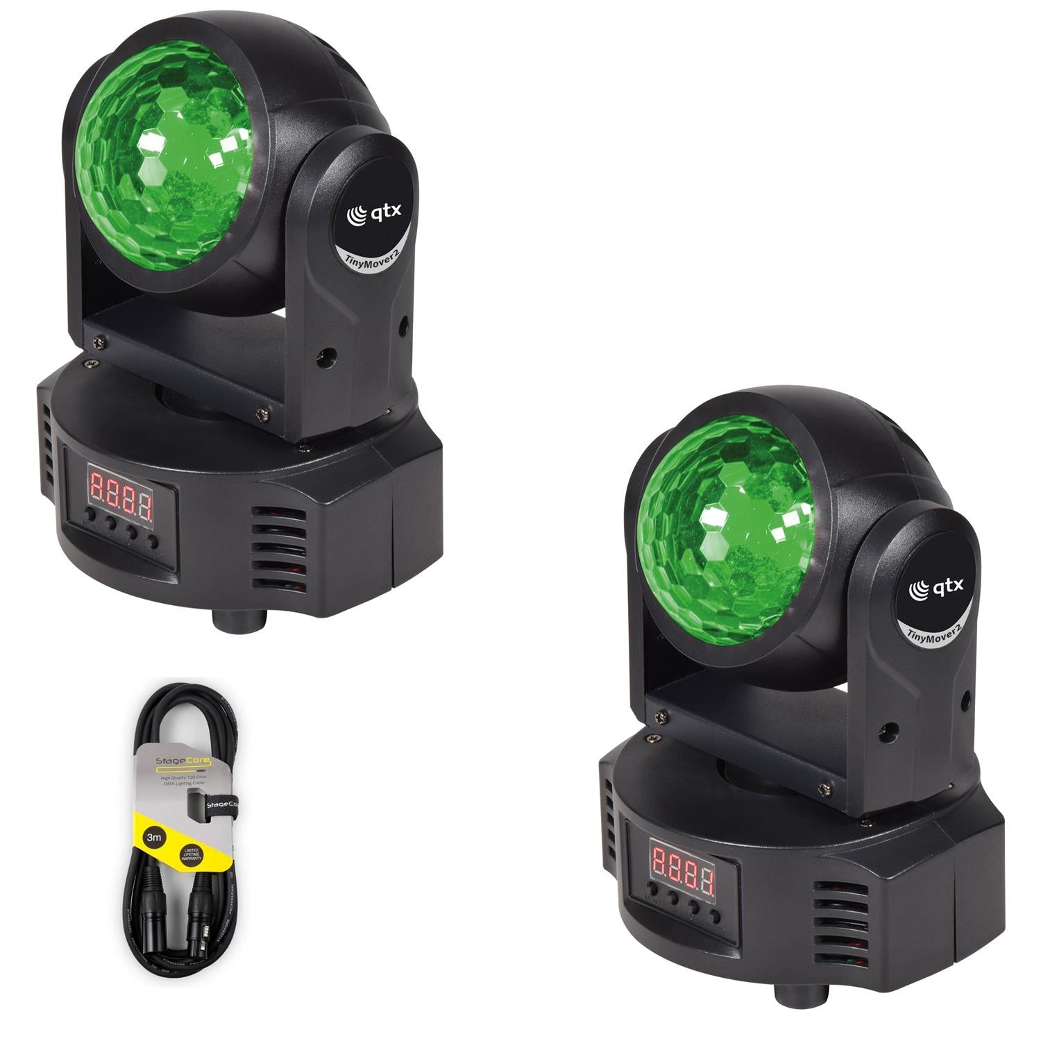 2 x QTX Tiny Mover 2-in-1 Ball and Wash Moving Head with DMX Cable