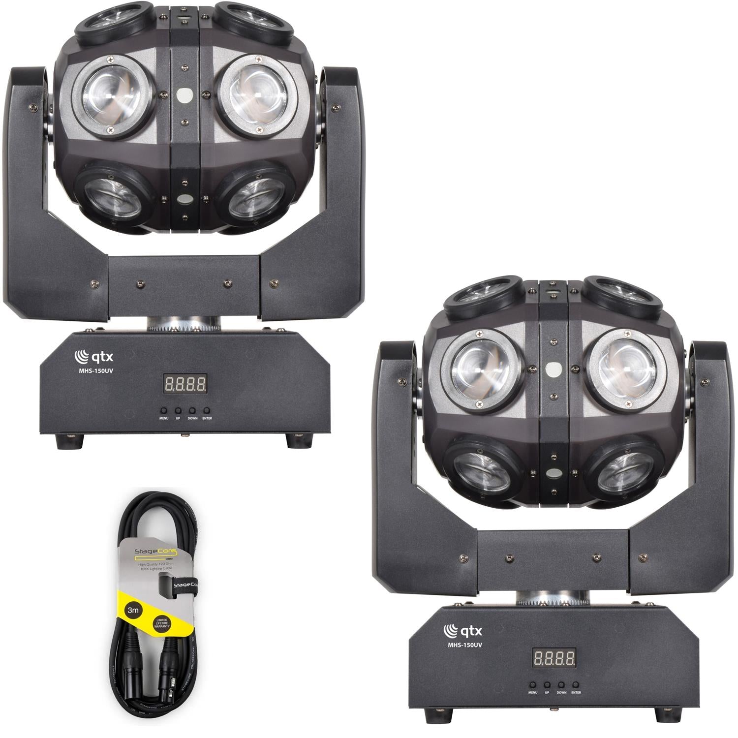 2 x QTX Orbital 150W RGBW LED UV Moving Head with DMX Cable