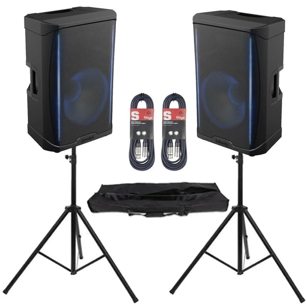 2 x Gemini GD - 215PRO 1300W Active Bluetooth PA Speaker With Stands and Cables