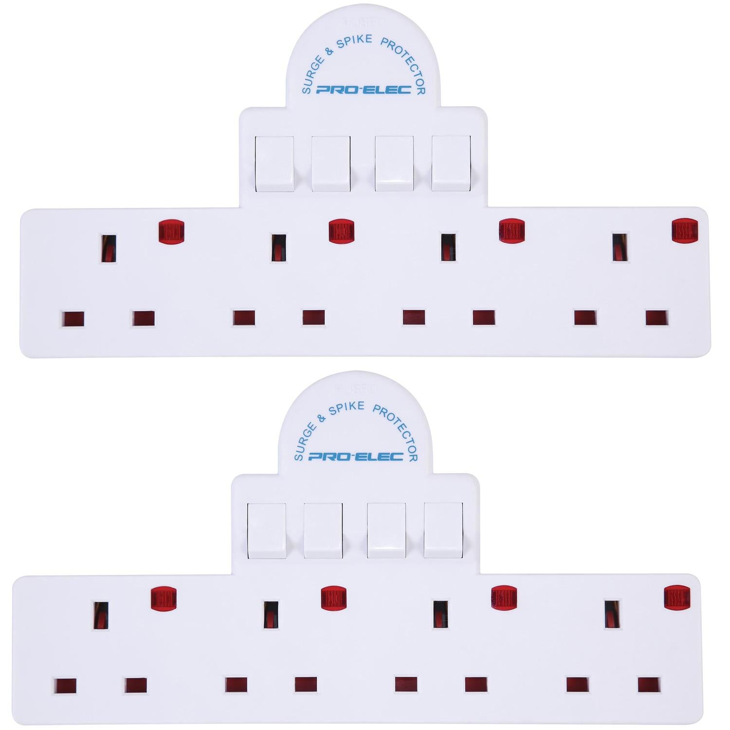 2 x Pro Elec 4 Gang Switched Exnteison Wall Socket With Surge Protection