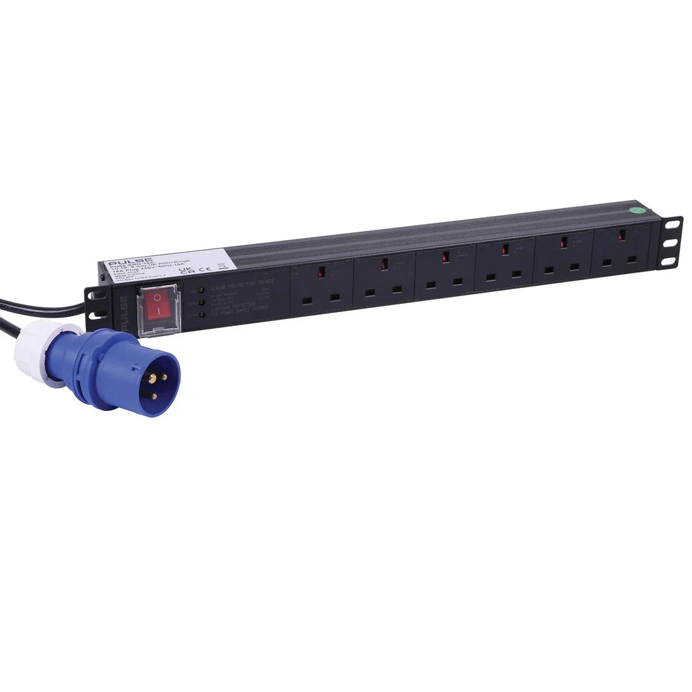 Pulse 16a Plug to 6 Way UK Sockets PDU With Surge Protection