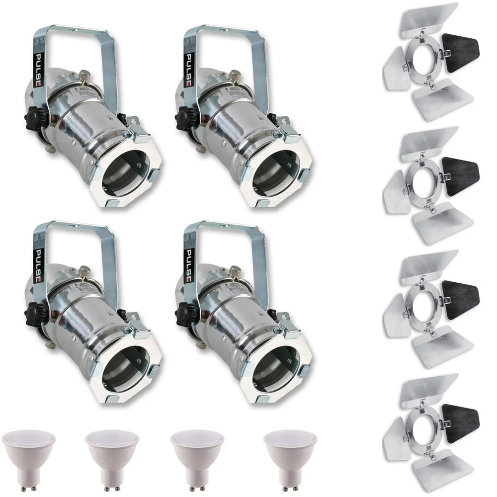 4 x Pulse PAR16 Birdie Can Chrome 230v Parcan Lantern Spotlight BARN DOORS & Bulb