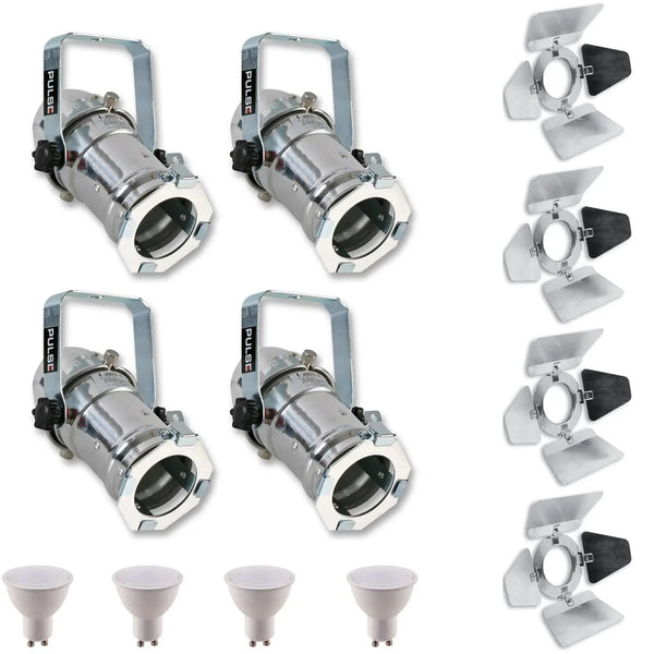 4 x Pulse PAR16 Birdie Can Chrome 230v Parcan Lantern Spotlight BARN DOORS & Bulb